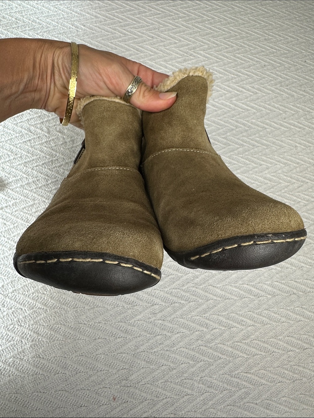 Hush Puppies Suede Waterproof Ankle Boots with faux Sherpa trim olive outdoors - Picture 10 of 12